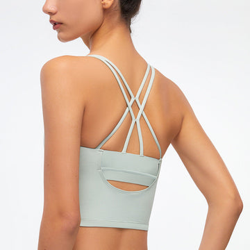 Women U-Neck Cross-Back Shockproof Gathered Mesh Sports Underwear with High Elastic Shoulder Straps Detachable Chest Pad