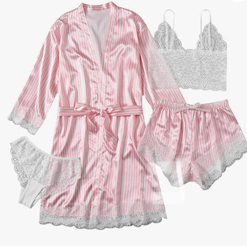 Women Striped Pink and White Satin Sling Pajamas Lace Exotic Lingerie 4-Piece Set