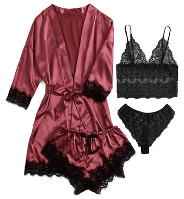 Women Wine Satin Sling Pajamas Lace Exotic Lingerie 4-Piece Set