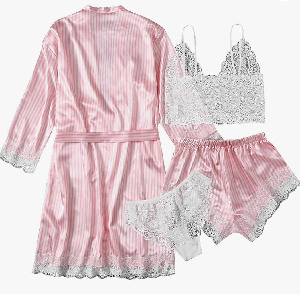 Women Striped Pink and White Satin Sling Pajamas Lace Exotic Lingerie 4-Piece Set