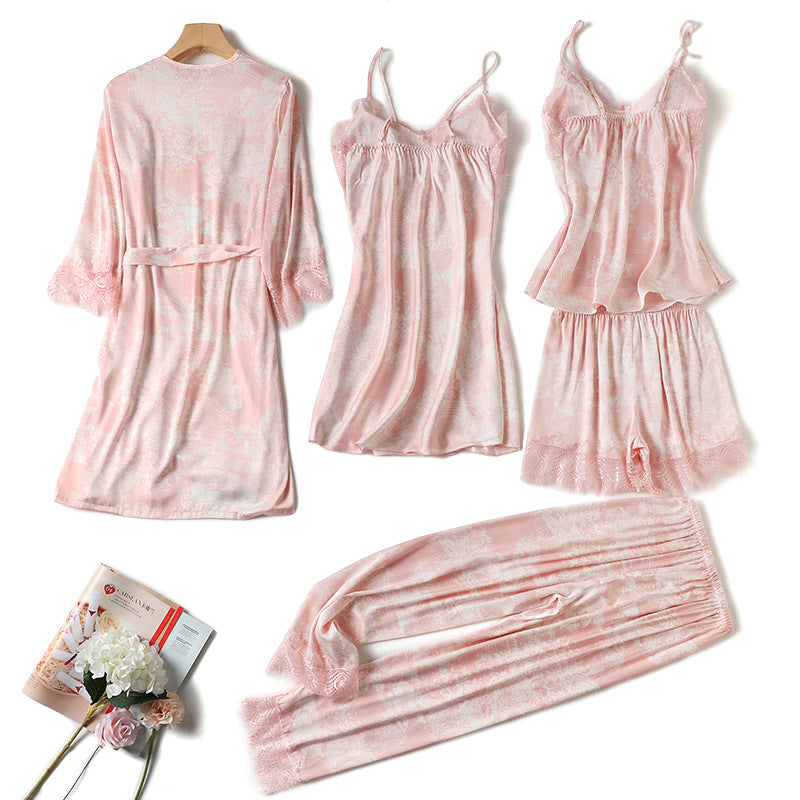 Women Pink Silk Pajamas with Chest Pads Sling Dress Trousers Nightgown 5-Piece Set