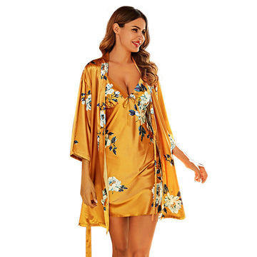 Women Dark Yellow Floral Print Silk Pajamas Suspender Dress Nightgown 2-Piece Set 2119