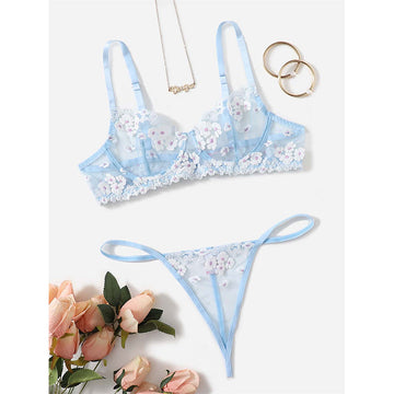 Blue Floral Print See-Through Lace Lingerie Set 21064