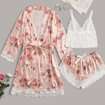 Women Pale Pink Flower Print Pajamas Exotic Lingerie 3 Piece Set A304