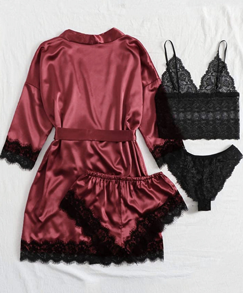 Women Wine Satin Sling Pajamas Lace Exotic Lingerie 4-Piece Set