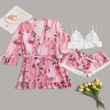 Women Ruffled Pink Long Sleeve Pajamas Three-piece Set A300