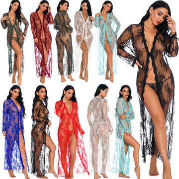 Women See Through Dress Lace Long Lingerie Robe 3637