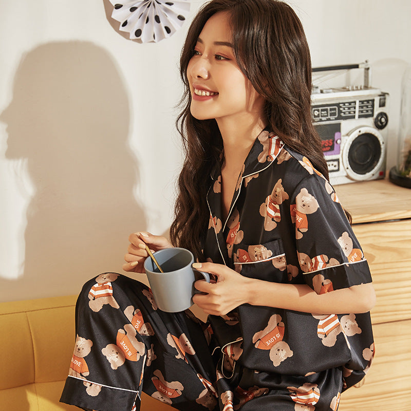 Bear Print Satin Couple Pajamas Set