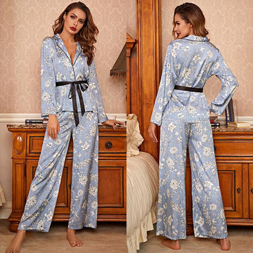 Floral Print Contrast Piping Belted Satin Night Set