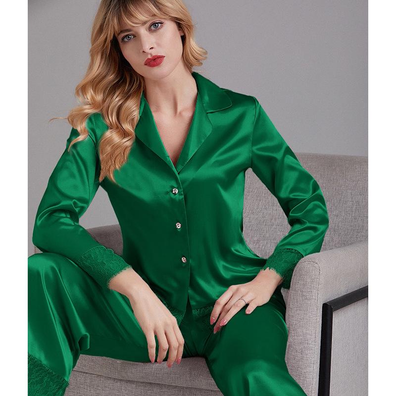 Eyelash Lace Panel Contrast Piping Satin Blouse & Pants PJ Set