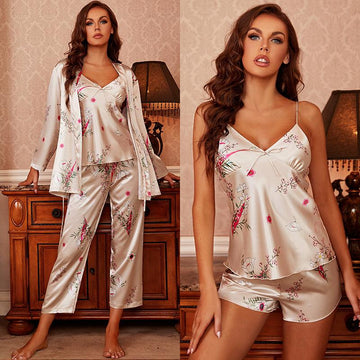 4pcs Floral Print Satin Night Set