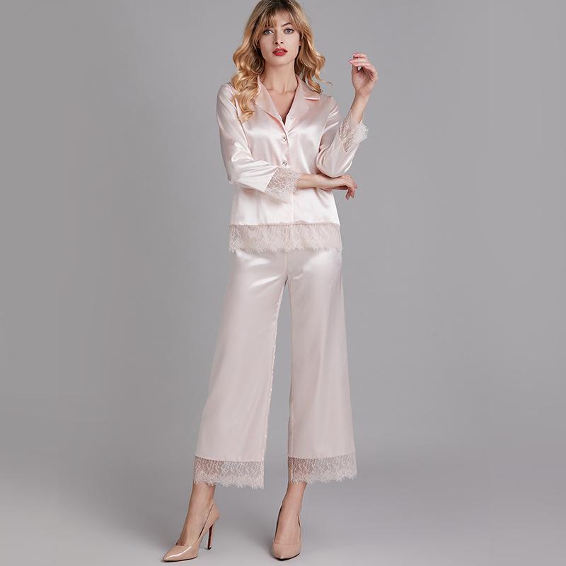 Eyelash Lace Panel Contrast Piping Satin Blouse & Pants PJ Set