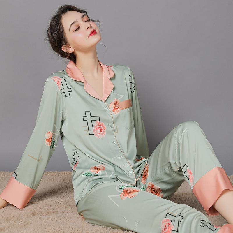 Floral Print  Women's Satin Long Sleeve Pajamas Set