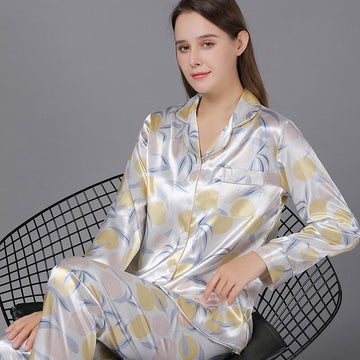 Floral Print Lapel Collar Satin Pajamas