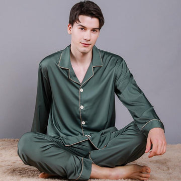 Solid Binding Trim Classic Mens Satin Pajamas Set