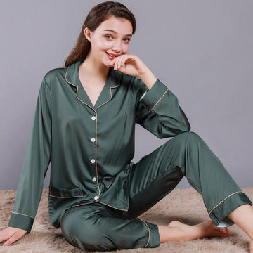 Solid Binding Trim Classic Womens Satin Pajamas Set