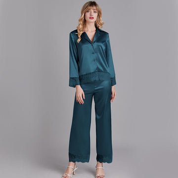 Eyelash Lace Panel Contrast Piping Satin Blouse & Pants PJ Set