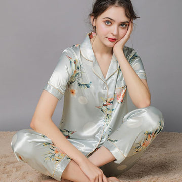 Women's Floral Print  Satin Short Pajamas Set