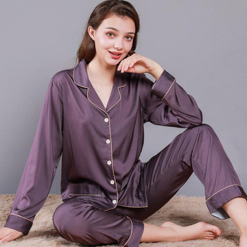 Solid Binding Trim Womens Satin Pajamas Set