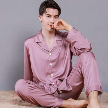 Solid Binding Trim Mens Satin Pajamas Set