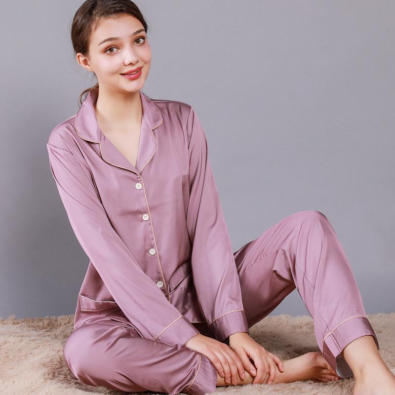 Solid Binding Trim Womens Satin Pajamas Set