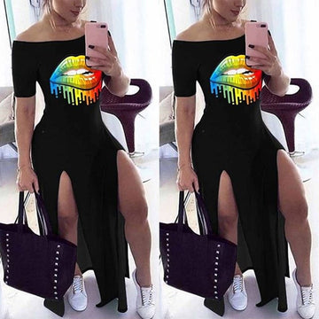 Sexy Lip Print Off The Shoulder Slash Neck Maxi Dress Women Short Sleeve Elegant Dresses