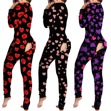 Sexy Pyjama Women's Jumpsuit Suit Onesies Button-down Back Butt Bum Open Ass Flap Jumpsuit Heart Print Loungewear Bodysuit