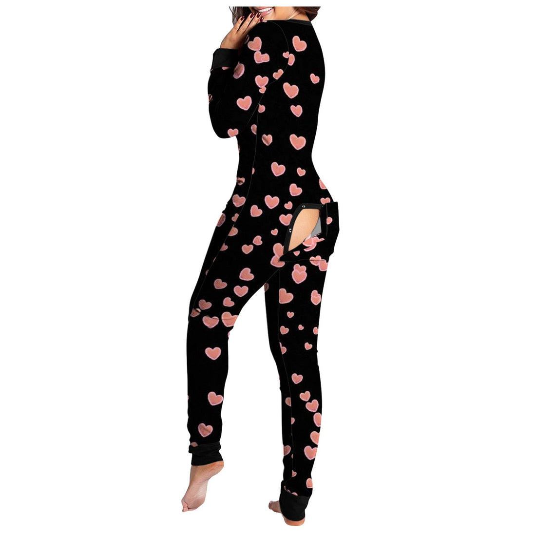 Sexy Pyjama Women's Jumpsuit Suit Onesies Button-down Back Butt Bum Open Ass Flap Jumpsuit Heart Print Loungewear Bodysuit