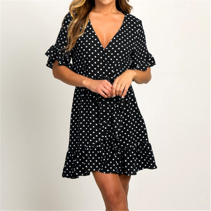 Chiffon Boho Style Beach Dress Fashion Short Sleeve V-neck Polka Dot A-line Party Dress Sundress Vestidos