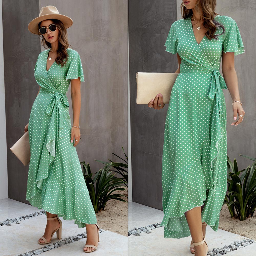 Summer Maxi Dress Women Polka Dot Sexy V Neck Ruffles Short Sleeve Holiday Long Beach Sundress