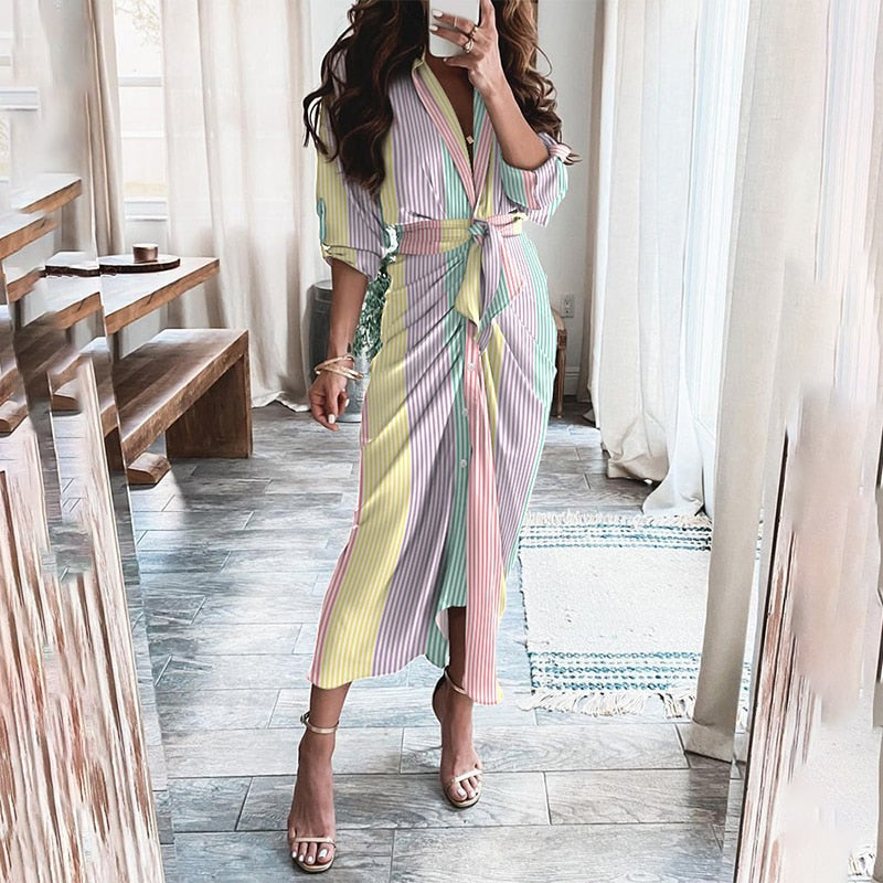 Slim Boho Long Sleeve V-neck Button Print Maxi Dress