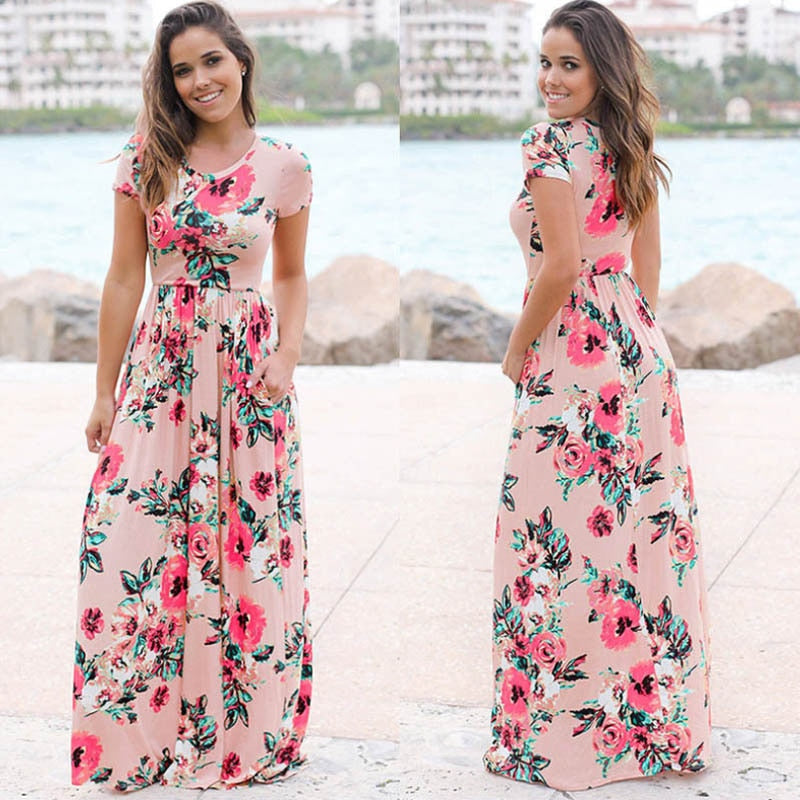 Floral Print Maxi Dress White Boho Beach Dress Women Evening Party Long Dress