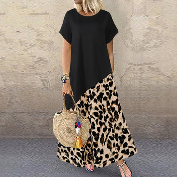 Leopard Maxi Dress Fashion Women's Printed Sundress Short Sleeve Patchwork Maxi Dress