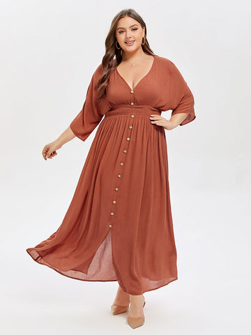 V-Neck Button Front Elastic Waist Split Maxi Dress