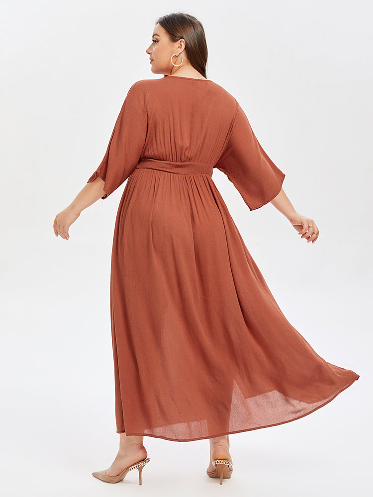 V-Neck Button Front Elastic Waist Split Maxi Dress