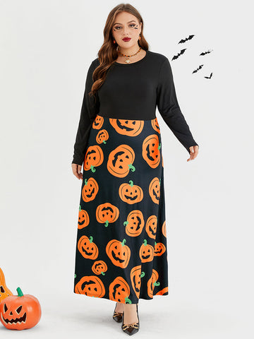 Halloween Pumpkin Print Maxi Dress