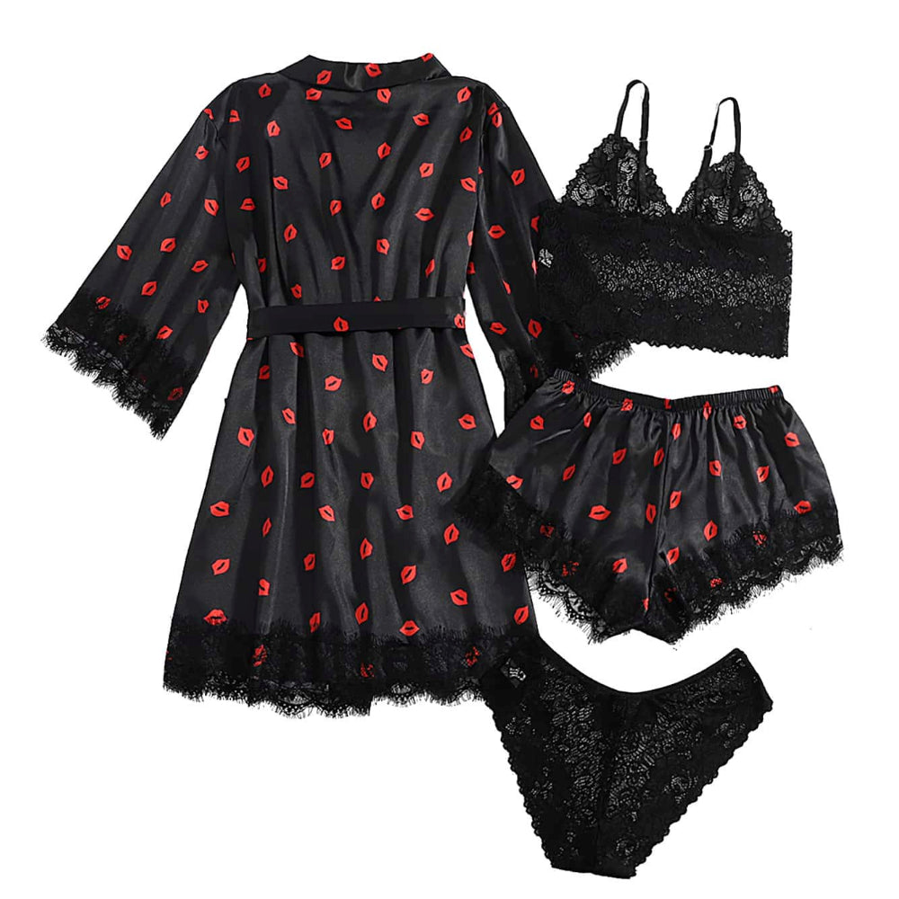 Lip Printed Black Lace Bathrobe Four-Piece Lingerie Set