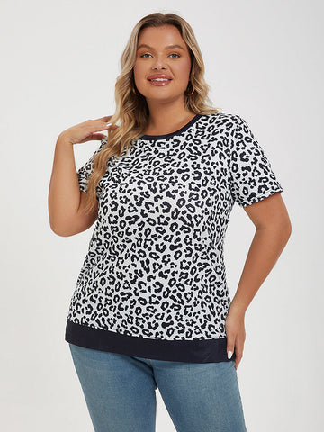 Plus Black And White Leopard Print Round Neck Tee