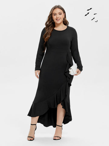 Ruffle Trim Asymmetrical Hem Wrap Maxi Dress