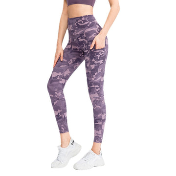 Ladies Solid Color/Camouflage Printed High Waist Leggings Yoga Pants with Pockets 02343