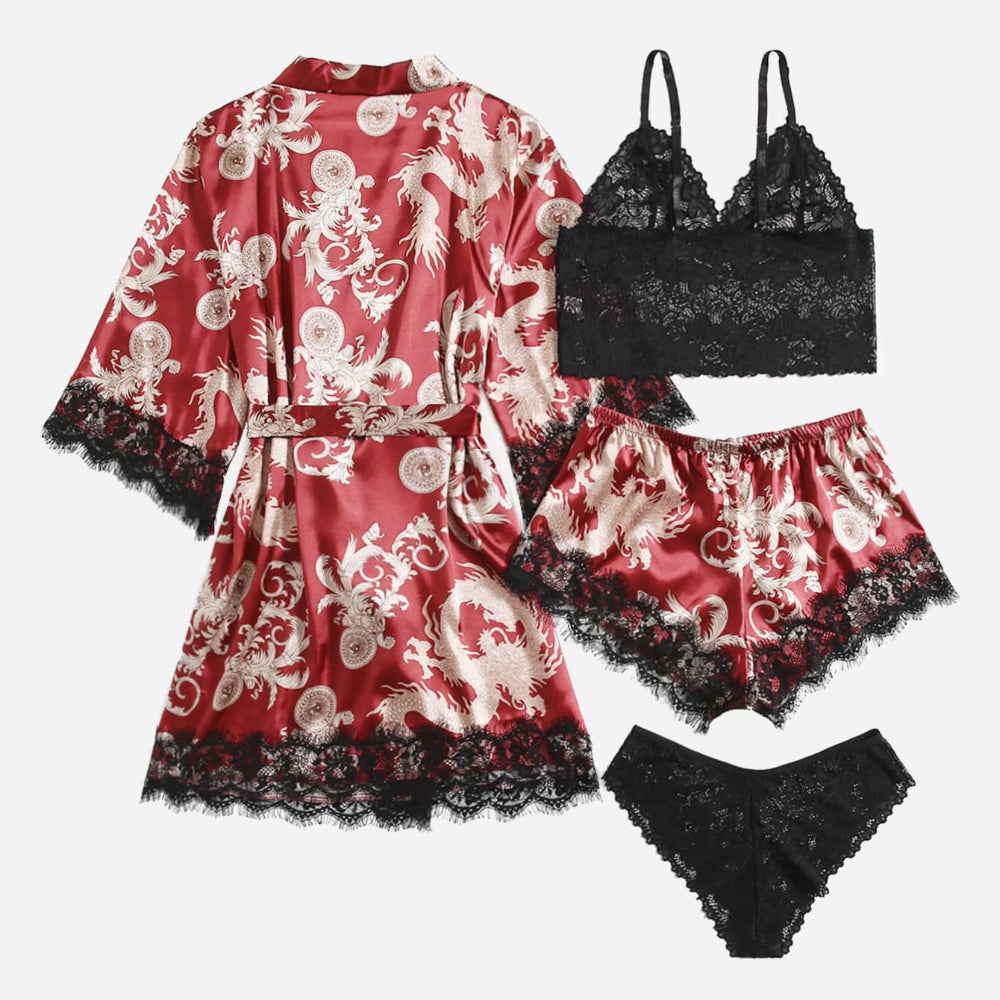 Red Printed Lace Nightgown Bathrobe Lingerie Four-Piece Set