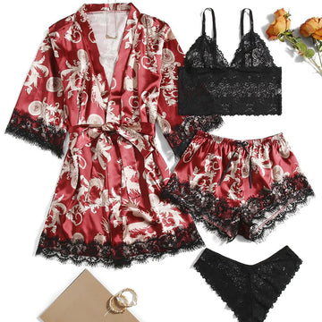 Red Printed Lace Nightgown Bathrobe Lingerie Four-Piece Set