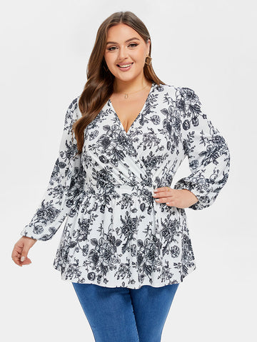 Floral Print V-Neck Lantern Sleeve Elastic Waist Blouse