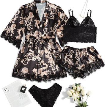 Black Printed Lace Nightgown Bathrobe Four-Piece Lingerie Set