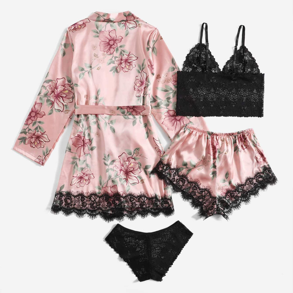 Floral Printed Pink Lace Bathrobe Four-Piece Lingerie Set