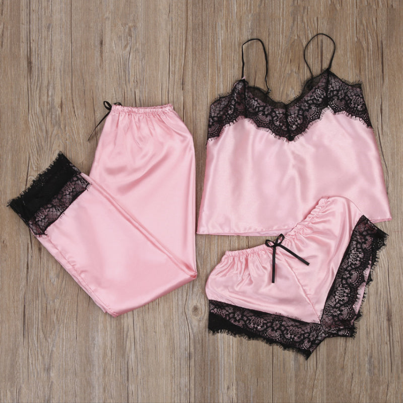 Women Lace Sling Pajamas Three-Piece Set M015