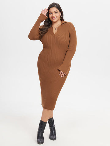 Ribbed Knit Split Midi Sweater Dress