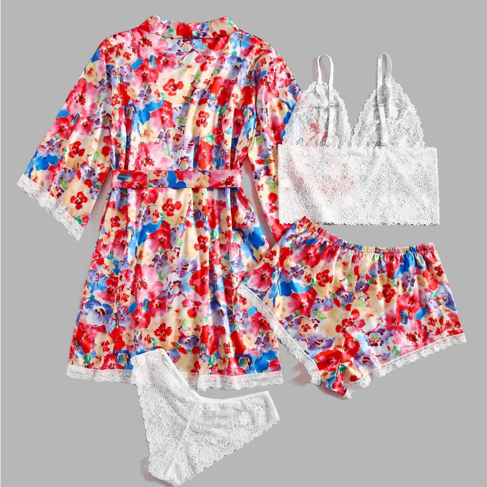 Red Floral Printed Lace Bathrobe Four-Piece Lingerie Set