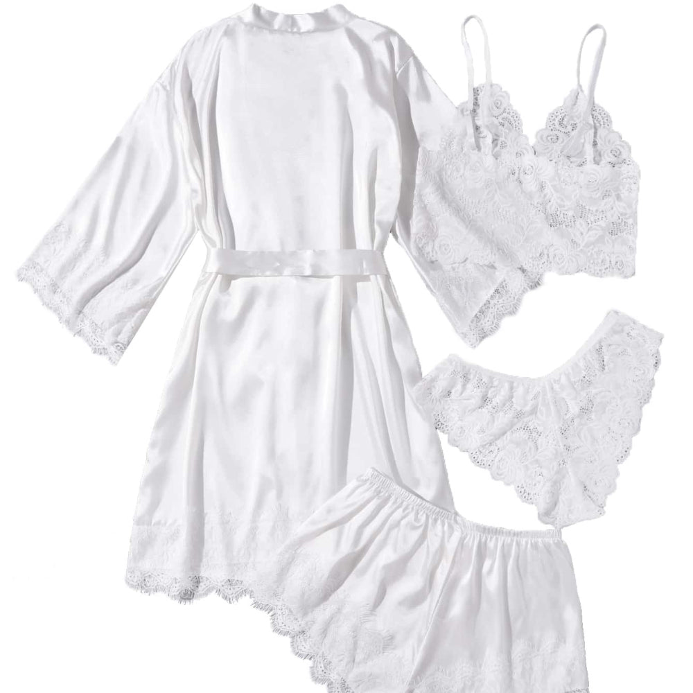 Women White Satin Pajamas Lace Exotic Lingerie 4-Piece Set