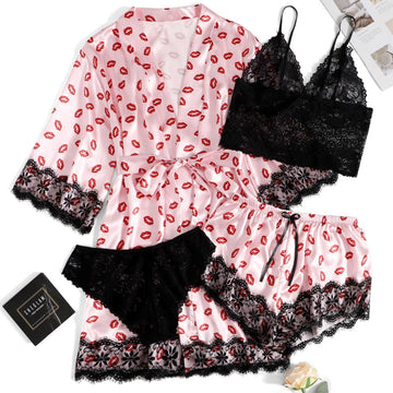 Lip Printed Pink Lace Bathrobe Four-Piece Lingerie Set